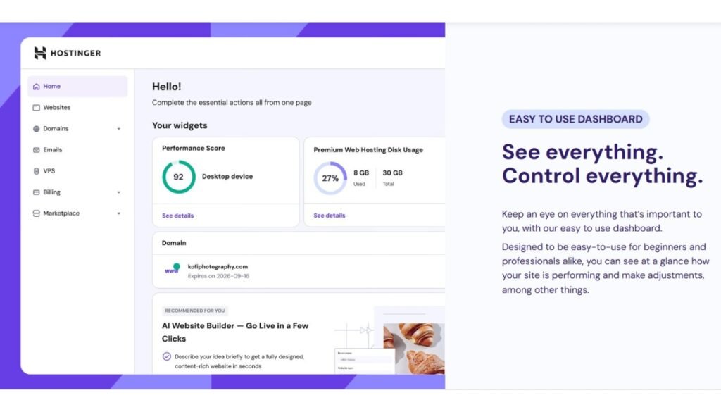Hostinger Review-Easy to Use Dashboard